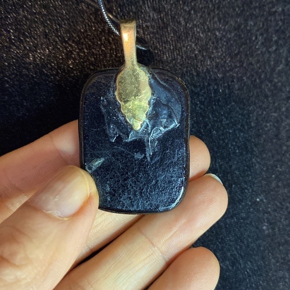 FUSED Glass Rectangular Pendant with metallic golds, pink, peach, green, black - Picture 4 of 4